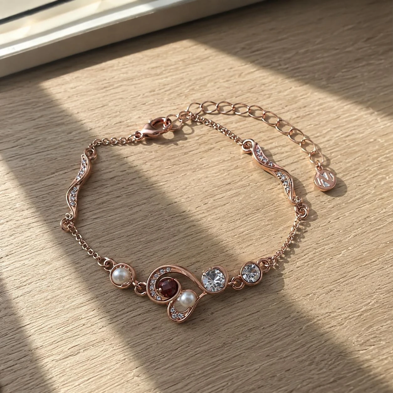 Pulsera Norrsken con baño oro rosa y granate natural